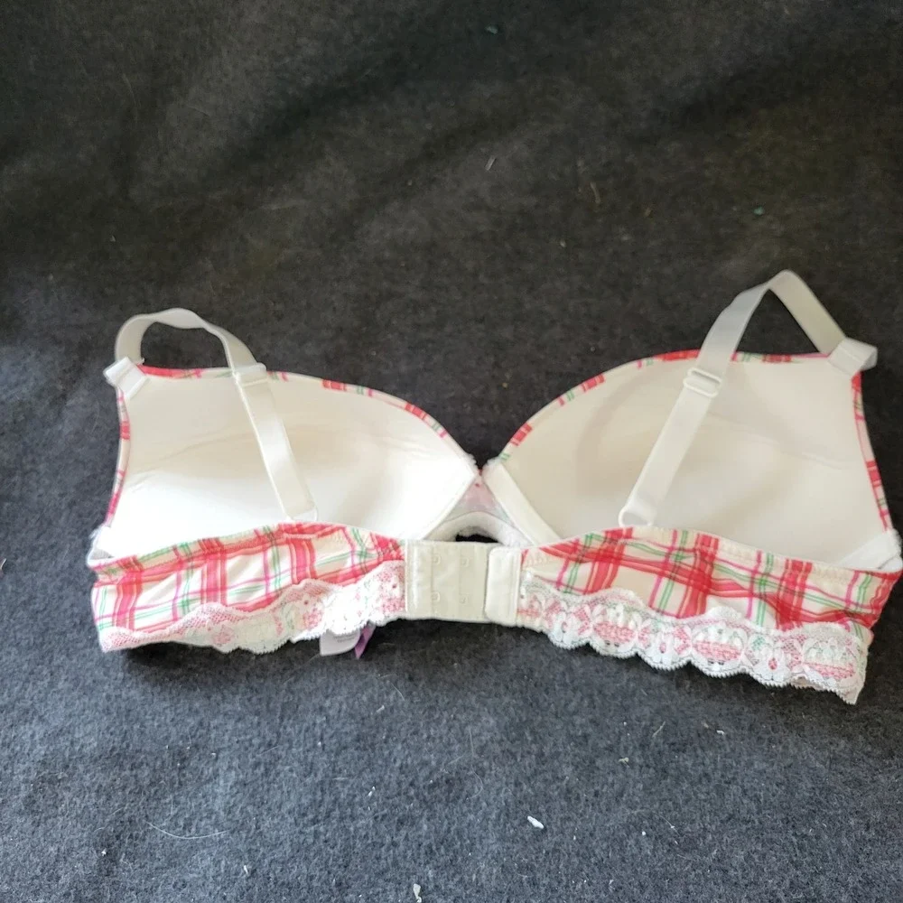 Adore Me Plaid Push Up Bra Womens 36C Red Green Lace Trim Excellent Festive Holi